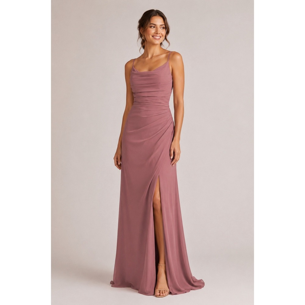 Azazie Dusty Rose Bridesmaid Dress A14 Ruched Maxi Slit Wedding Straps Formal